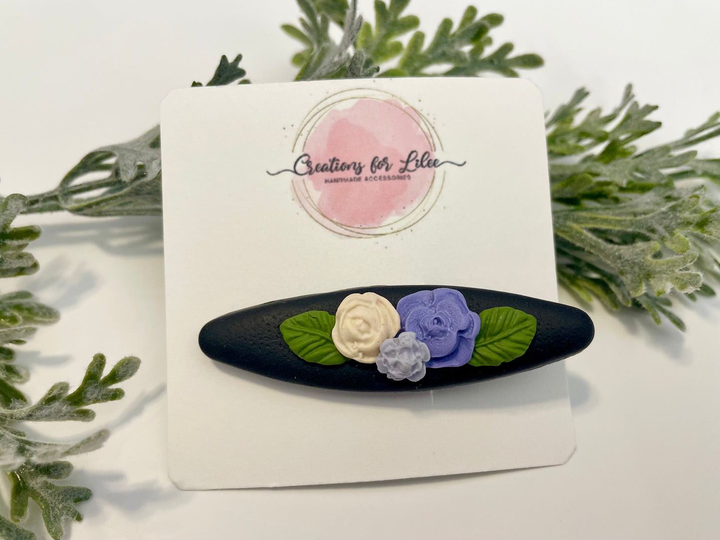 Clay Hair Clips - Black with Flowers