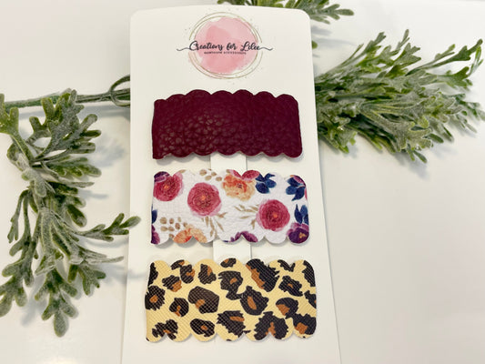 Leatherette Snap Clips - 3-Pack Burgundy Floral & Leopard