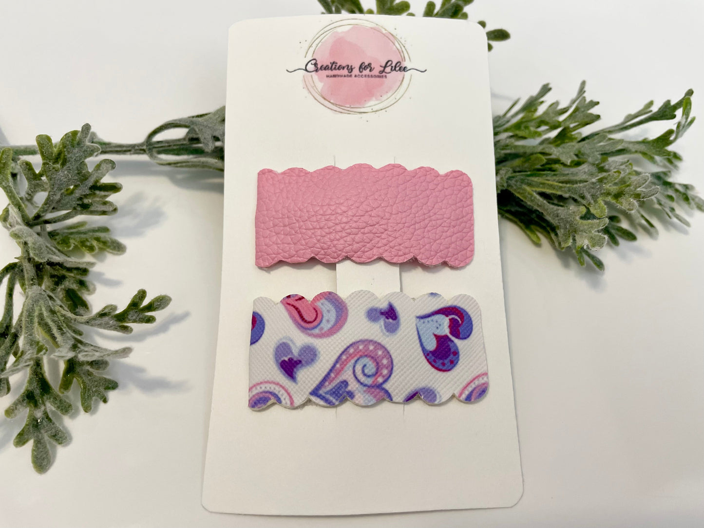 Leatherette Snap Clips - 2-Pack Pink & Hearts