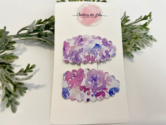 Leatherette Snap Clips - 2-Pack Purple Watercolor Floral