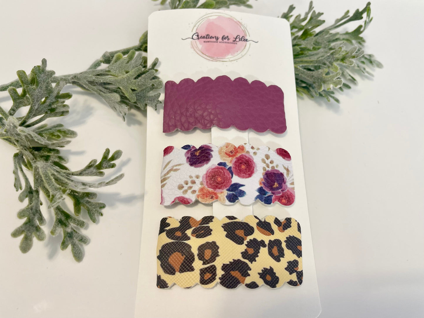 Leatherette Snap Clips - 3-Pack Burgundy Floral & Leopard