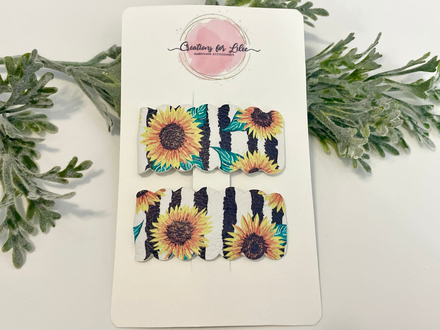 Leatherette Snap Clips - 2-Pack Sunflowers & Stripes