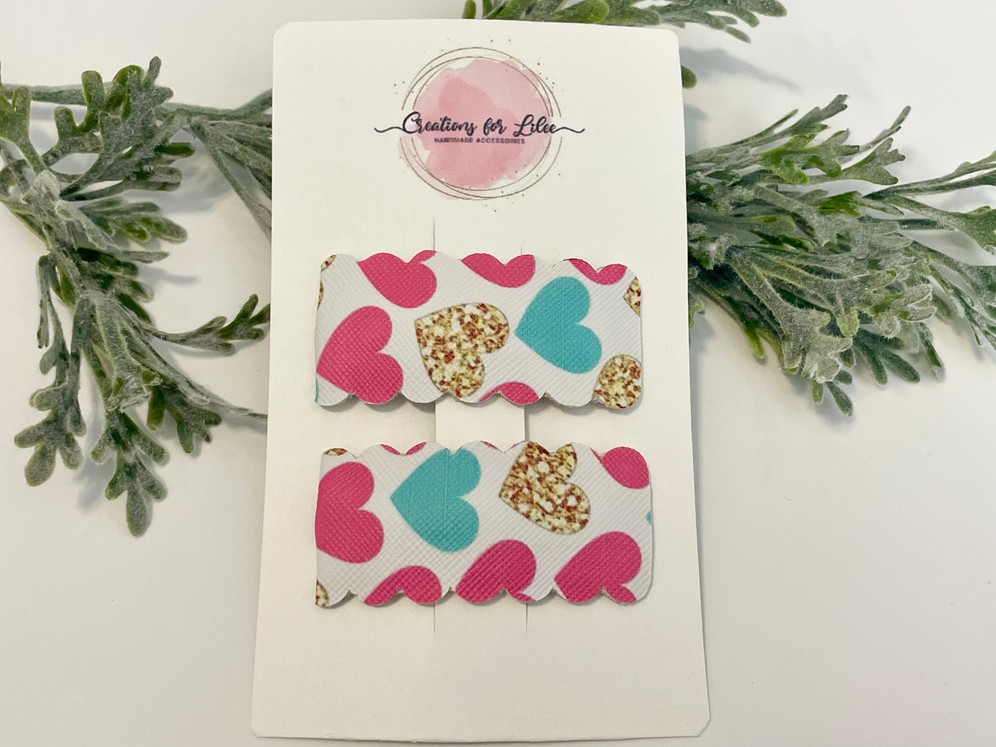 Leatherette Snap Clips - 2-Pack Pink, Teal & Gold Hearts