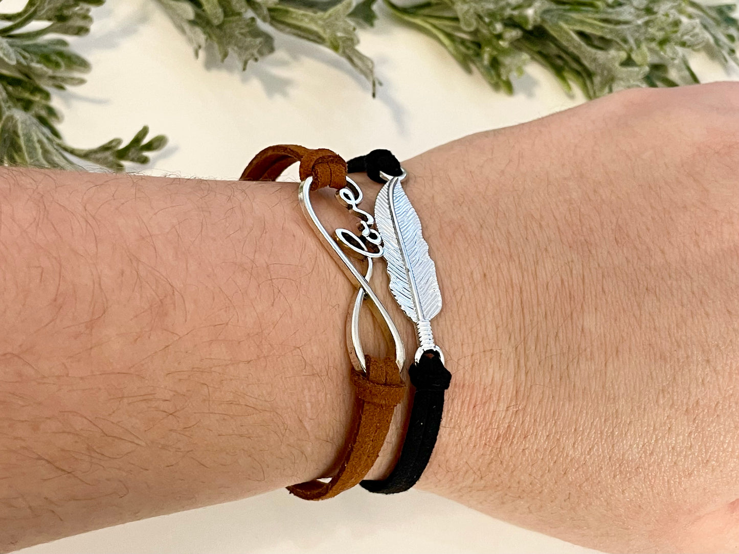 Faux Suede Feather Bracelets - Silver