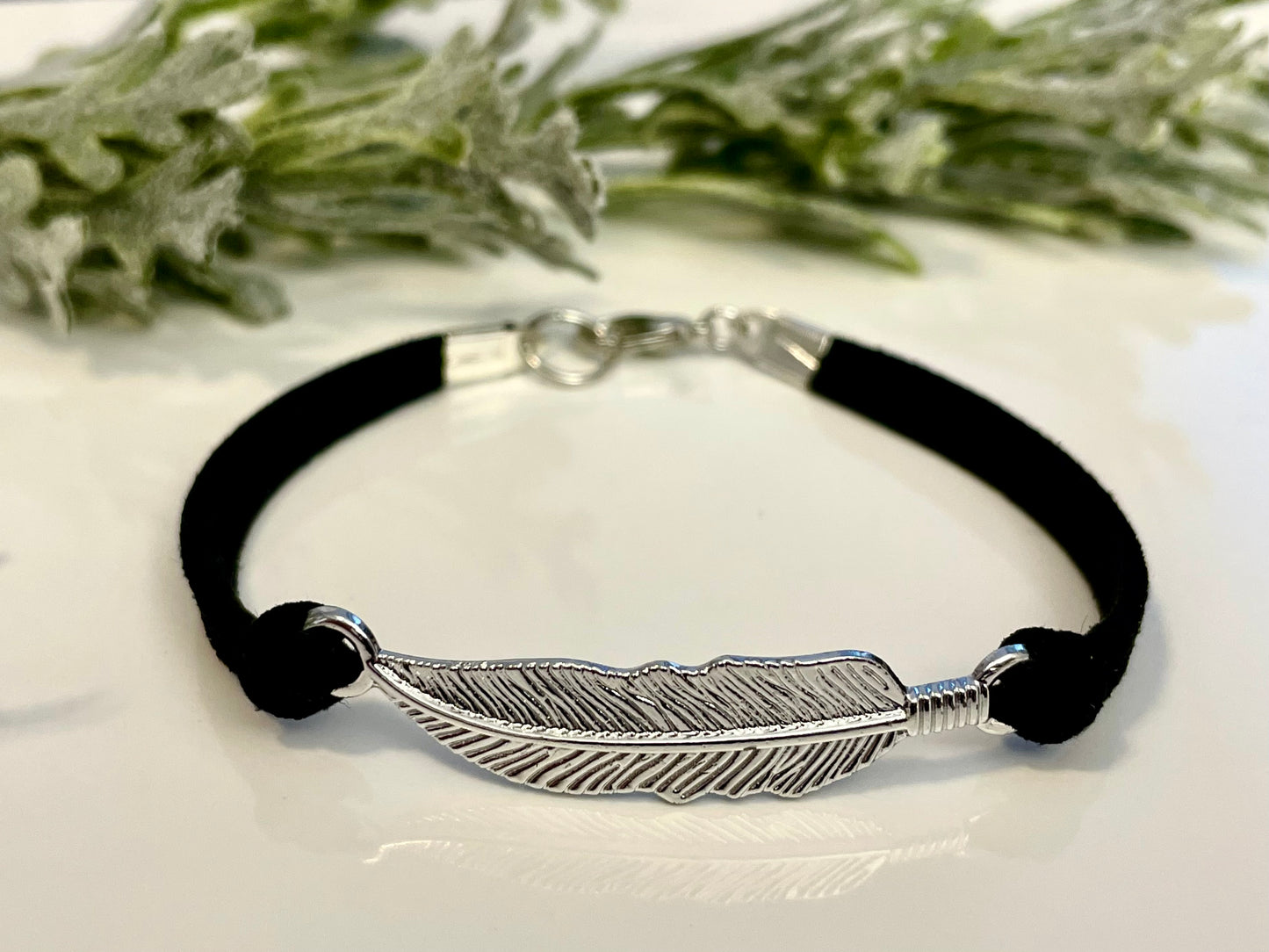 Faux Suede Feather Bracelets - Silver