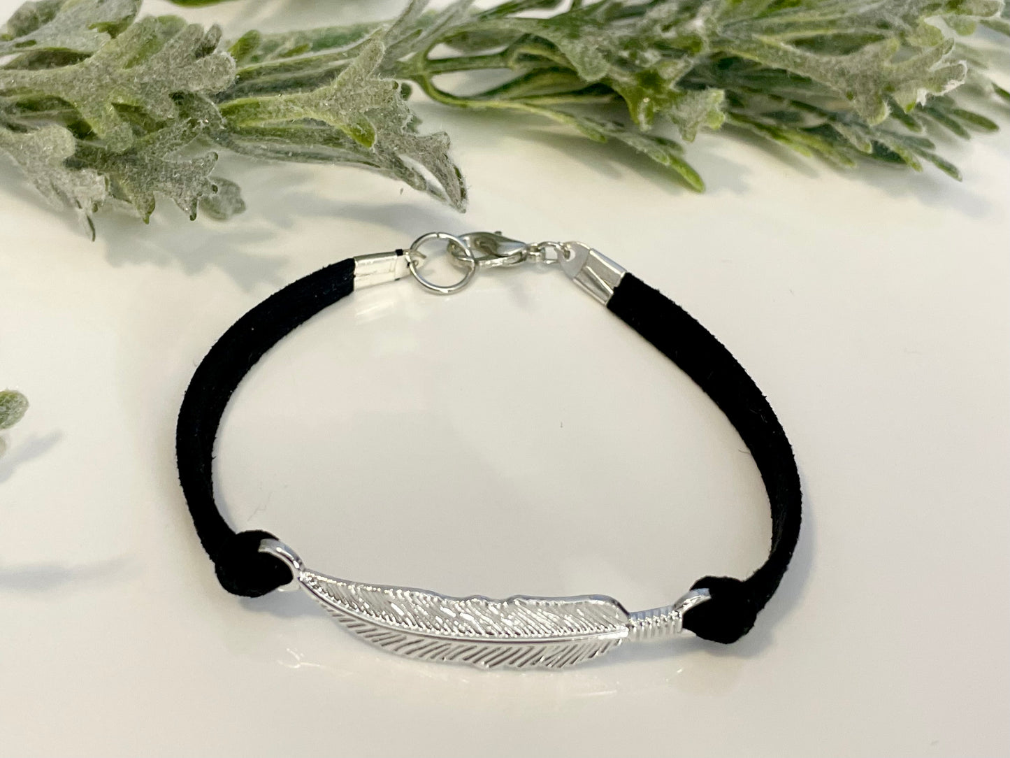 Faux Suede Feather Bracelets - Silver