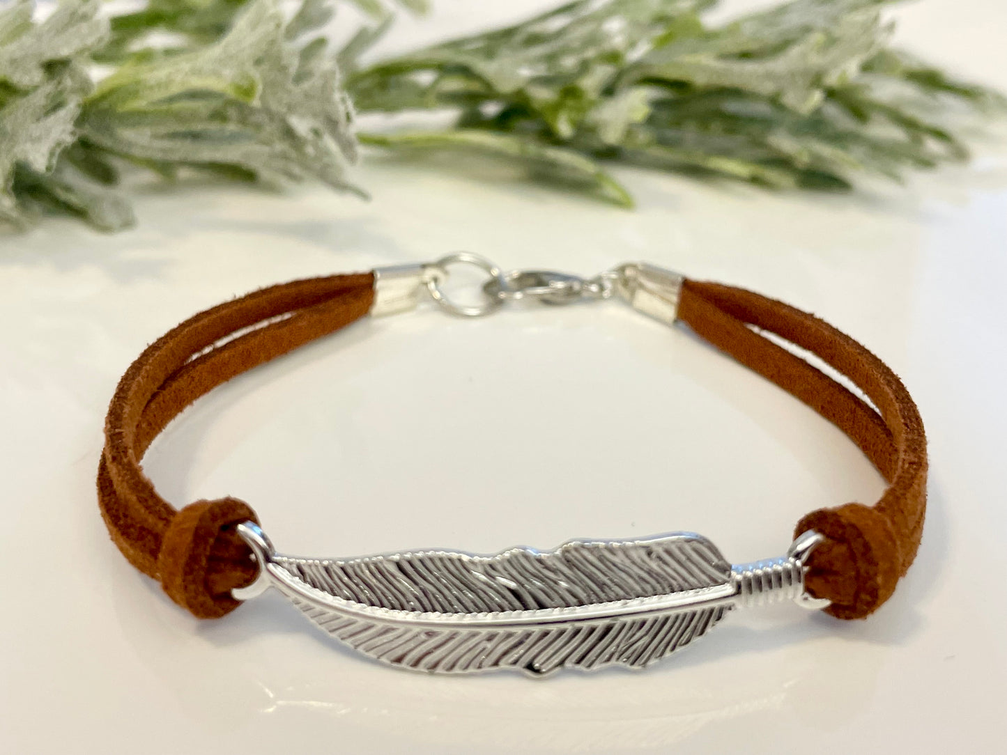 Faux Suede Feather Bracelets - Silver