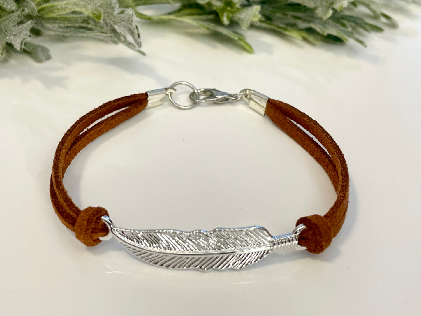 Faux Suede Feather Bracelets - Silver