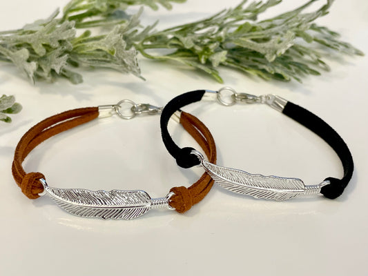 Faux Suede Feather Bracelets - Silver