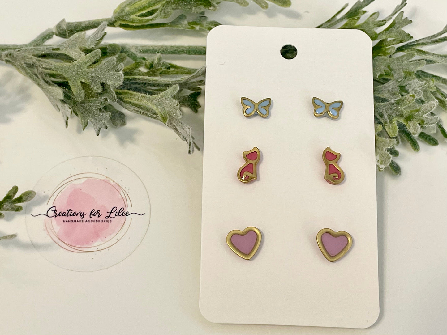 Clay Stud Earrings - Gold Trimmed Stud Packs - Butterflies, Cats & Hearts