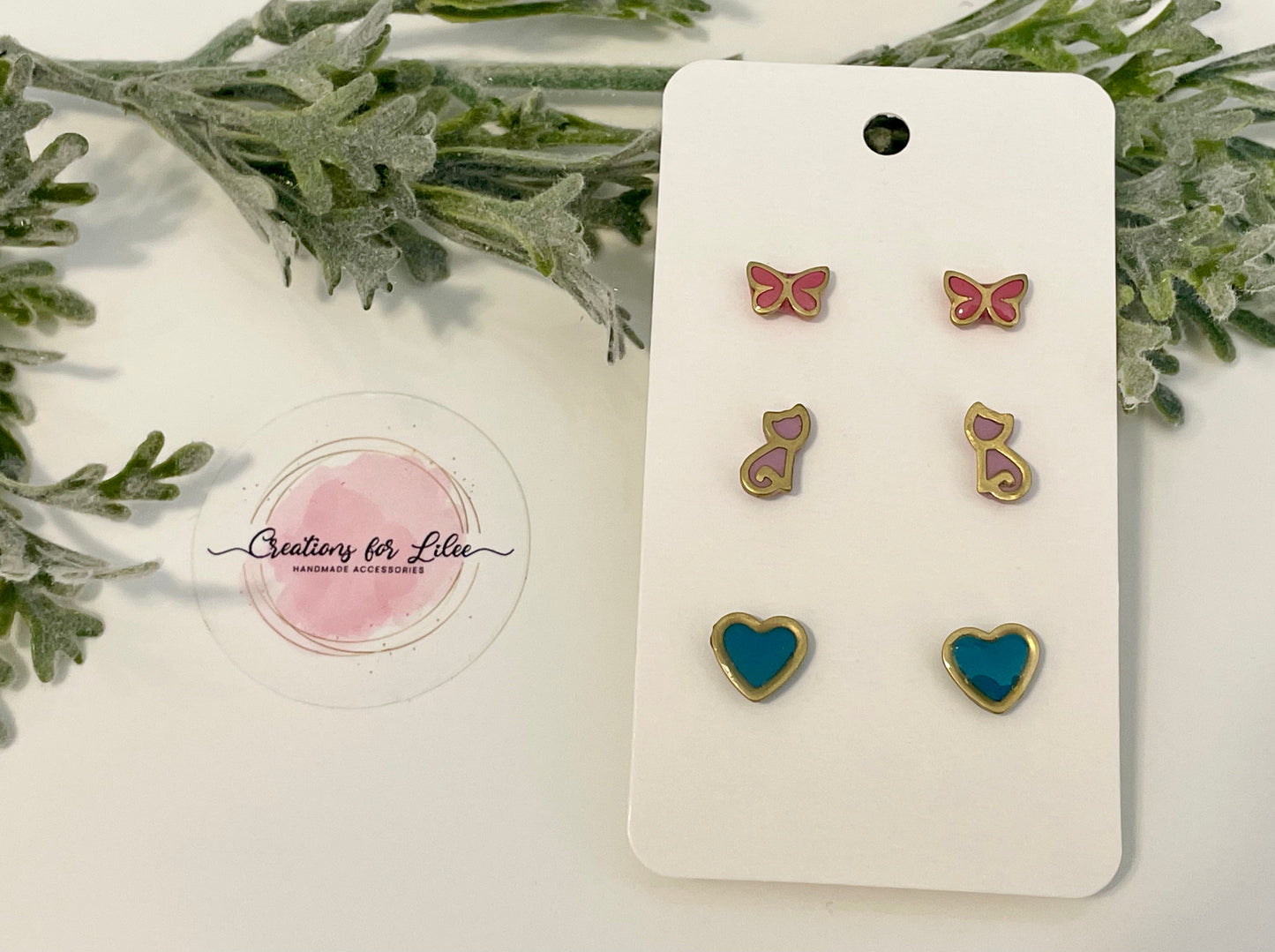 Clay Stud Earrings - Gold Trimmed Stud Packs - Butterflies, Cats & Hearts