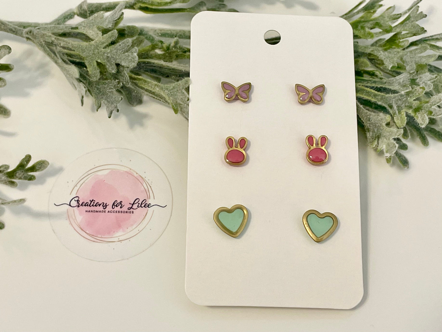 Clay Stud Earrings - Gold Trimmed Stud Packs - Butterflies, Bunnies & Hearts