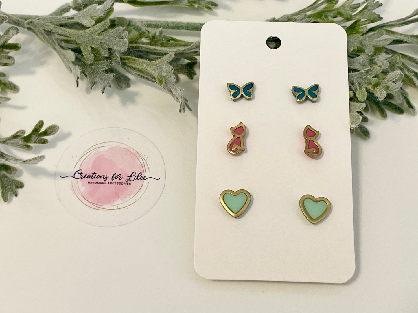 Clay Stud Earrings - Gold Trimmed Stud Packs - Butterflies, Cats & Hearts