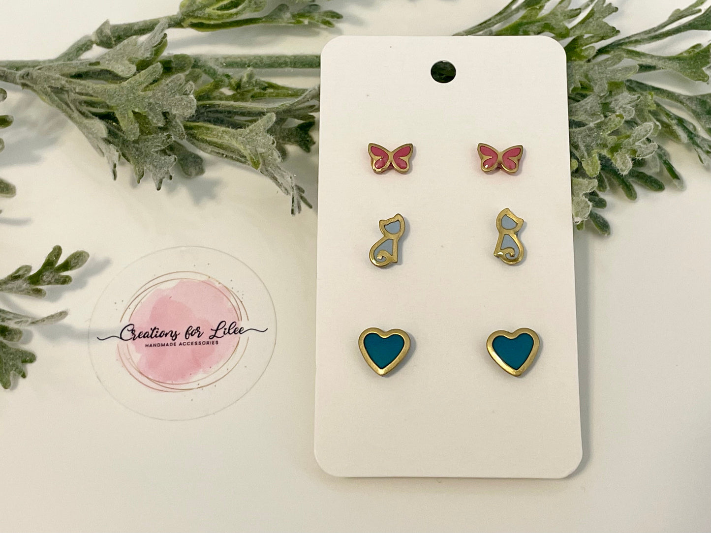 Clay Stud Earrings - Gold Trimmed Stud Packs - Butterflies, Cats & Hearts