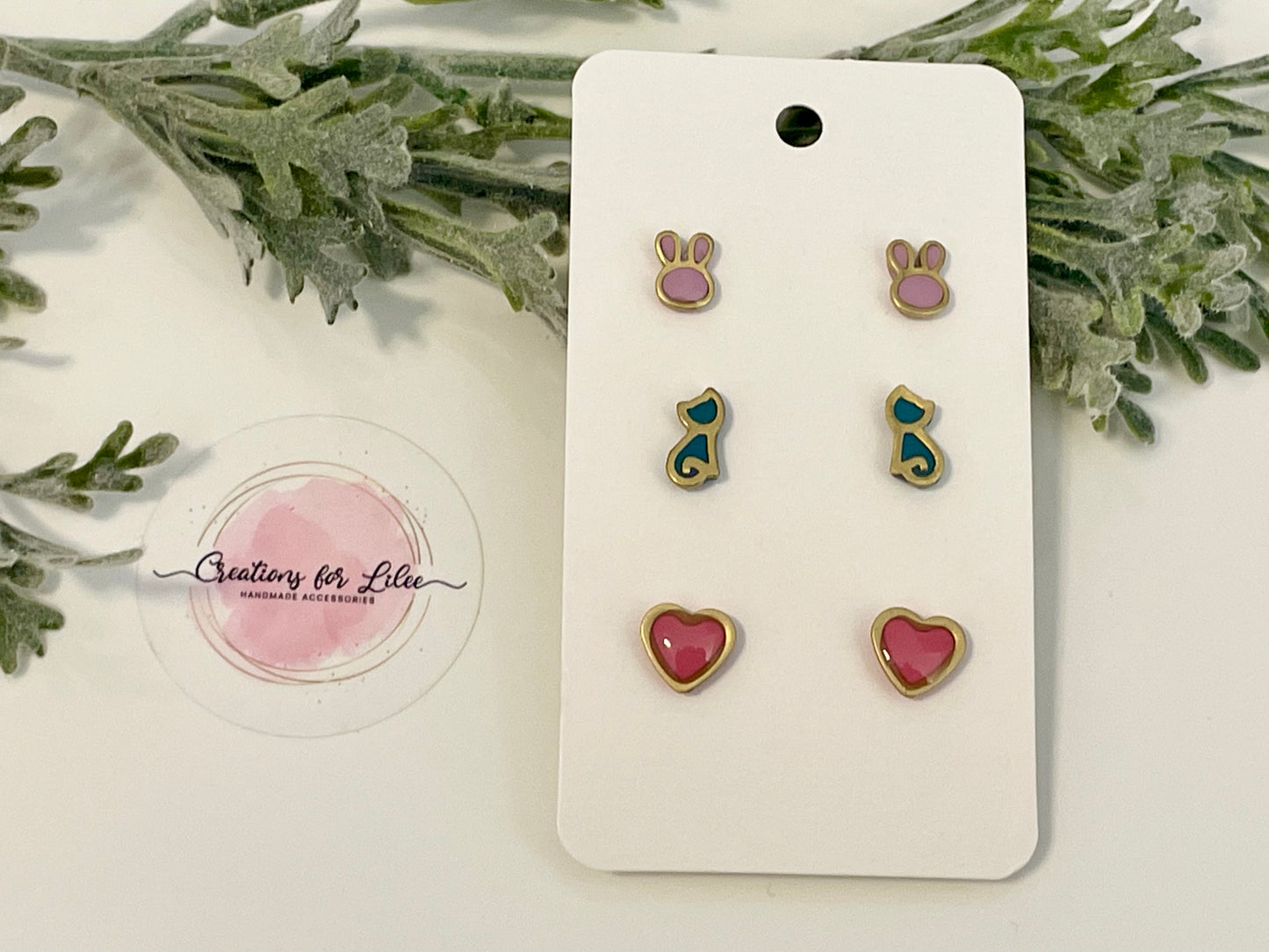 Clay Stud Earrings - Gold Trimmed Stud Packs - Bunnies, Cats & Hearts