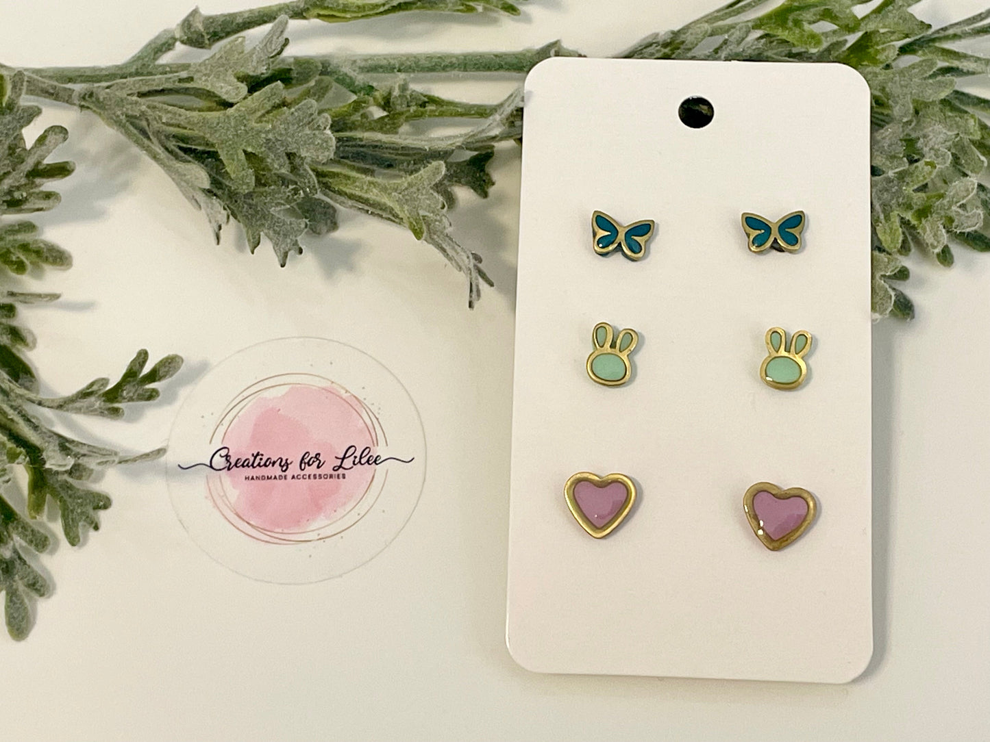 Clay Stud Earrings - Gold Trimmed Stud Packs - Butterflies, Bunnies & Hearts