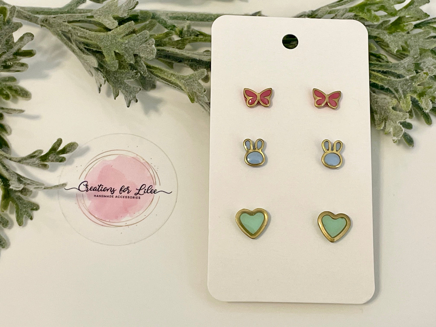 Clay Stud Earrings - Gold Trimmed Stud Packs - Butterflies, Bunnies & Hearts