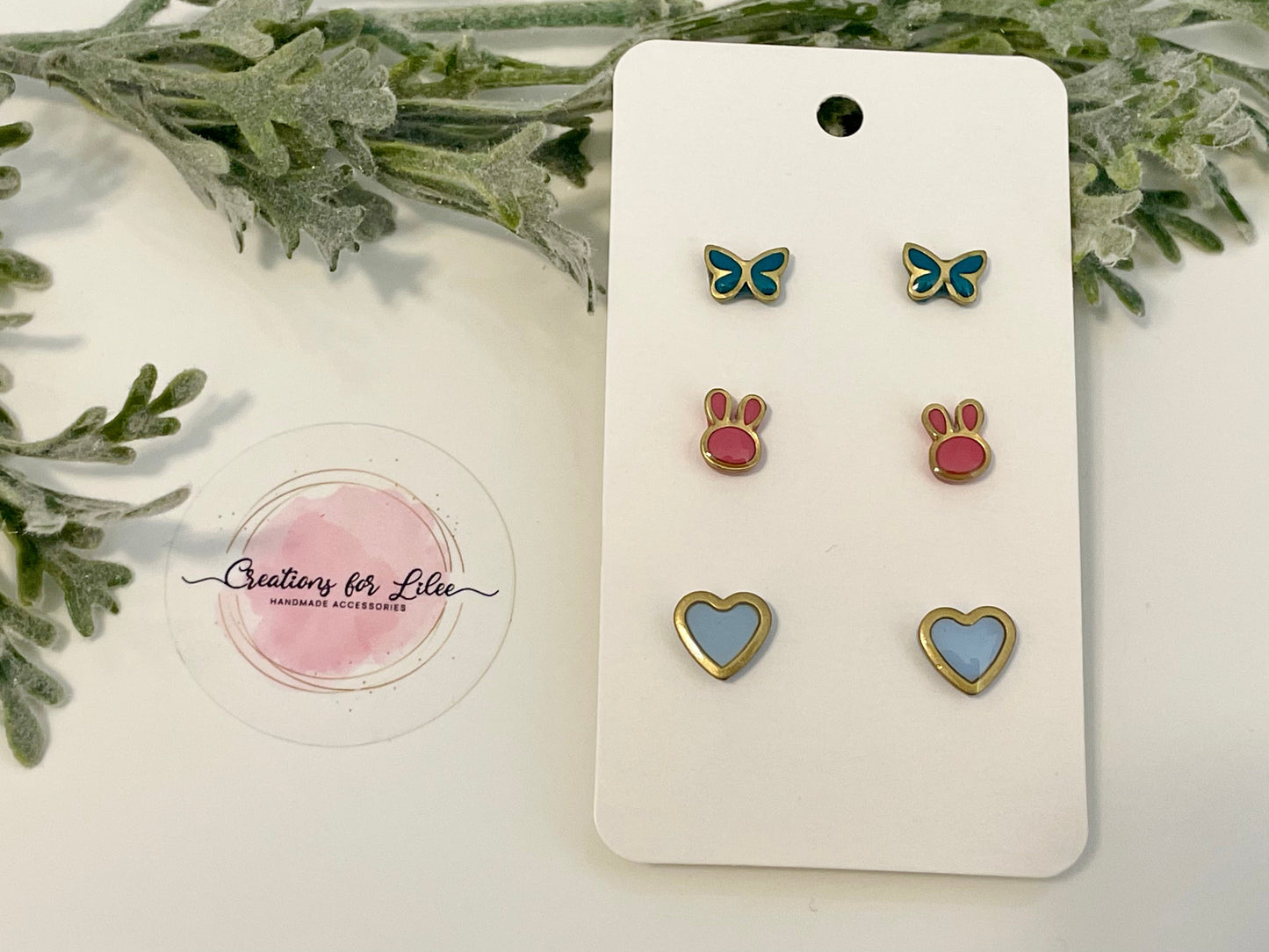 Clay Stud Earrings - Gold Trimmed Stud Packs - Butterflies, Bunnies & Hearts