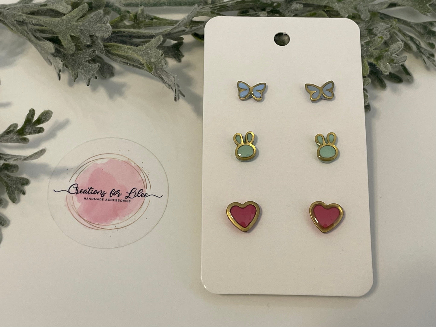 Clay Stud Earrings - Gold Trimmed Stud Packs - Butterflies, Bunnies & Hearts