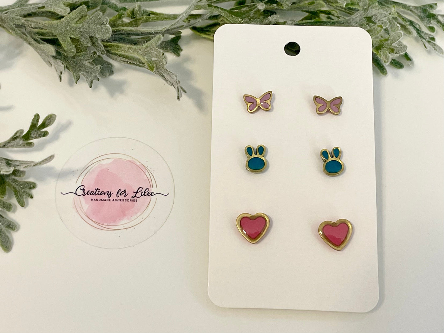 Clay Stud Earrings - Gold Trimmed Stud Packs - Butterflies, Bunnies & Hearts