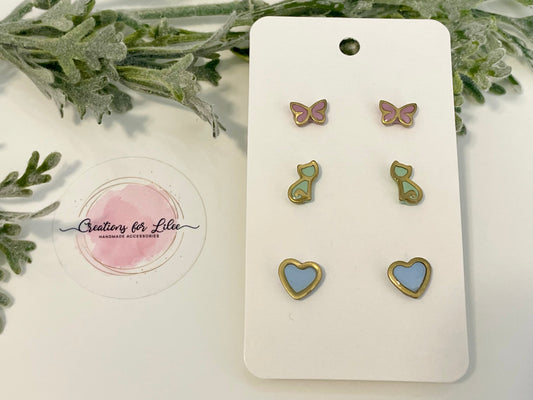 Clay Stud Earrings - Gold Trimmed Stud Packs - Butterflies, Cats & Hearts