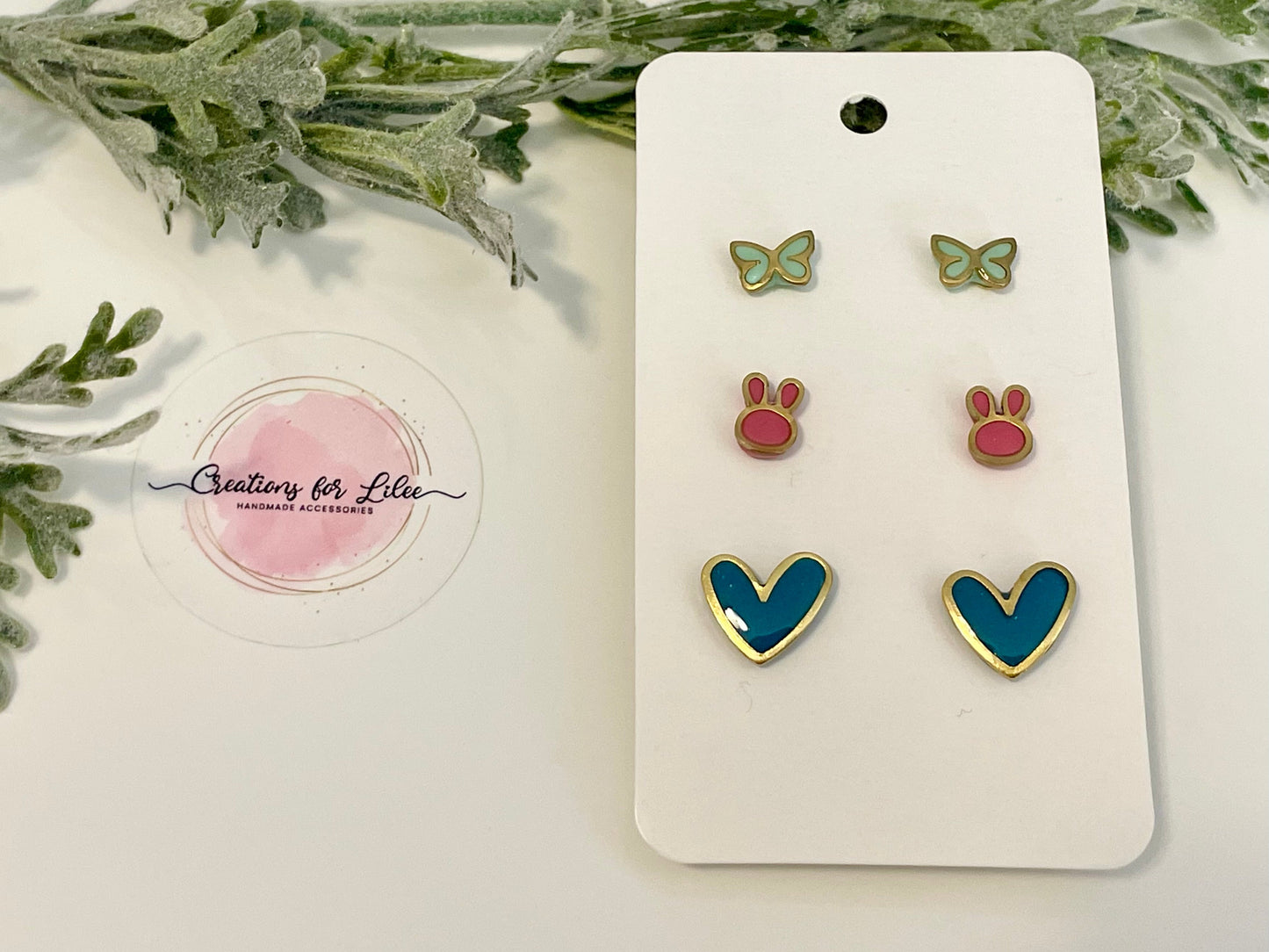 Clay Stud Earrings - Gold Trimmed Stud Packs - Butterflies, Bunnies & Hearts