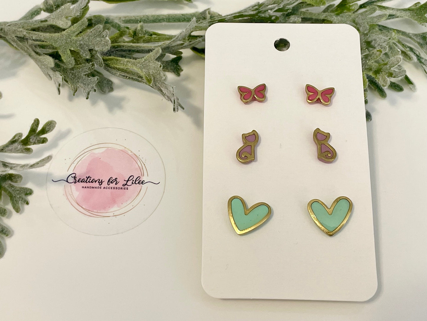 Clay Stud Earrings - Gold Trimmed Stud Packs - Butterflies, Cats & Hearts