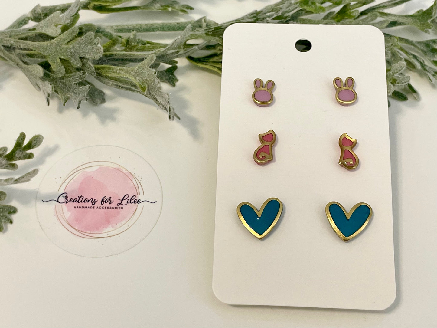 Clay Stud Earrings - Gold Trimmed Stud Packs - Bunnies, Cats & Hearts