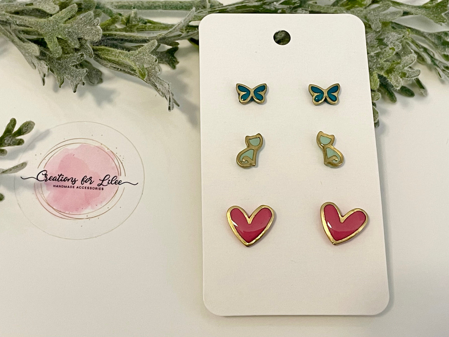 Clay Stud Earrings - Gold Trimmed Stud Packs - Butterflies, Cats & Hearts