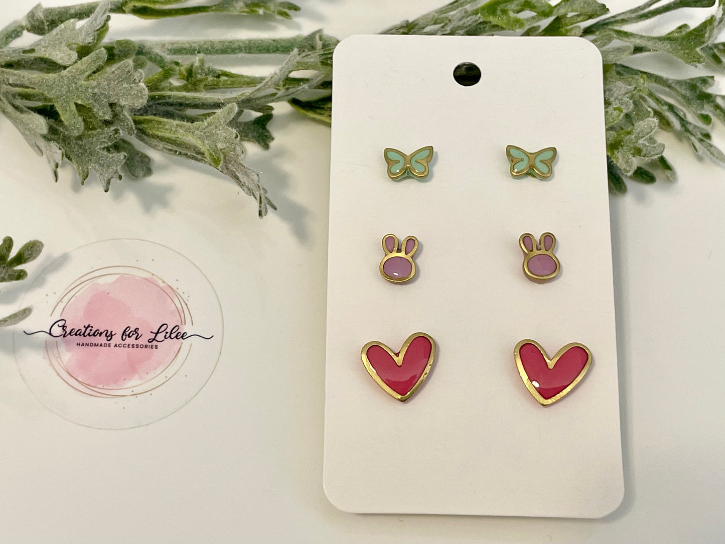 Clay Stud Earrings - Gold Trimmed Stud Packs - Butterflies, Bunnies & Hearts