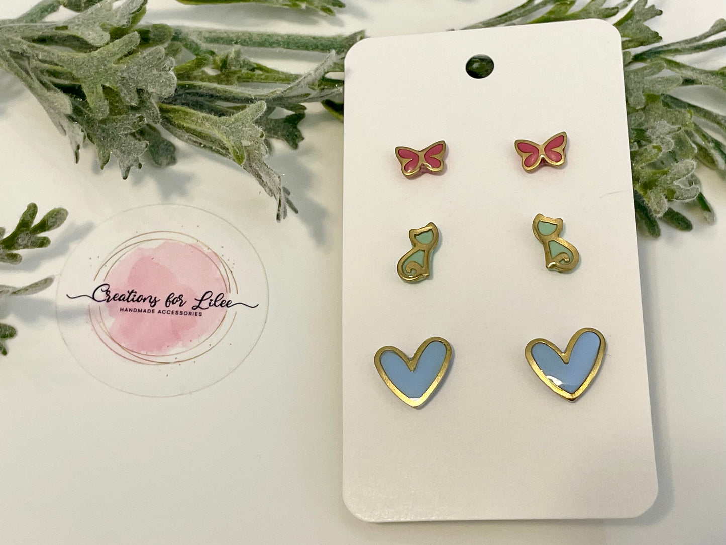 Clay Stud Earrings - Gold Trimmed Stud Packs - Butterflies, Cats & Hearts