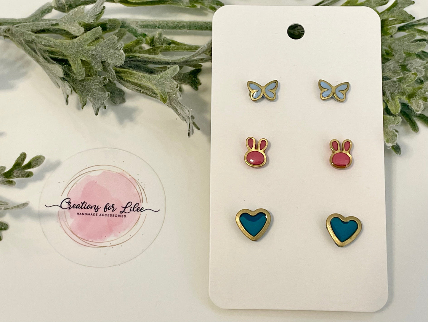 Clay Stud Earrings - Gold Trimmed Stud Packs - Butterflies, Bunnies & Hearts