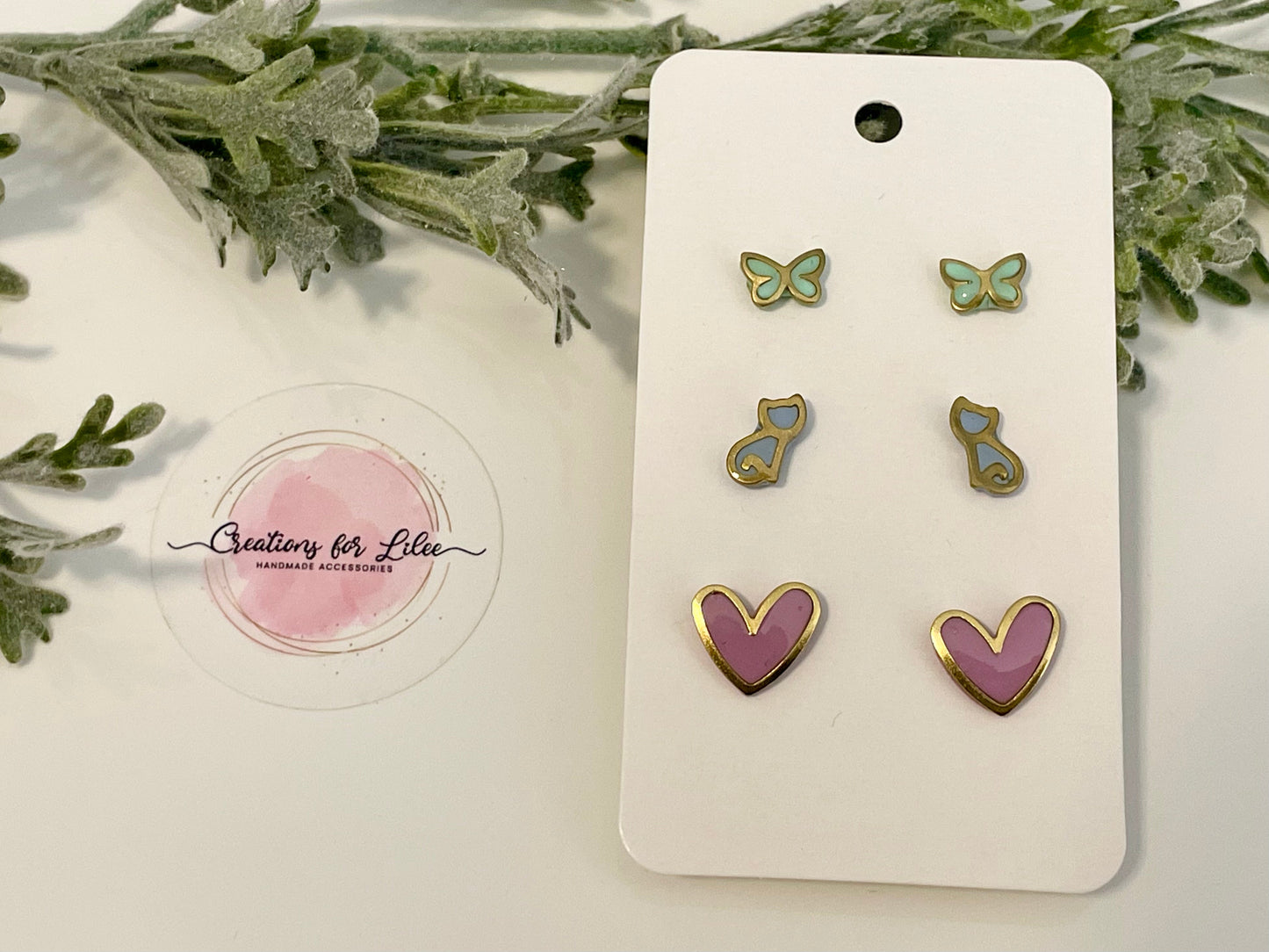 Clay Stud Earrings - Gold Trimmed Stud Packs - Butterflies, Cats & Hearts