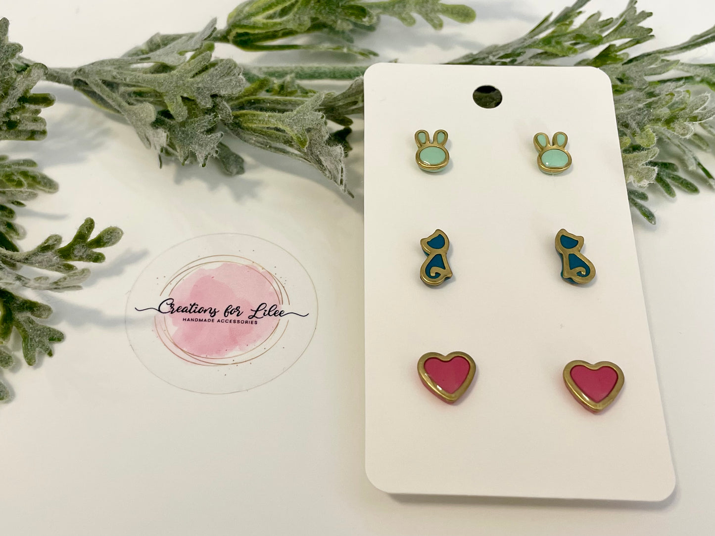 Clay Stud Earrings - Gold Trimmed Stud Packs - Bunnies, Cats & Hearts