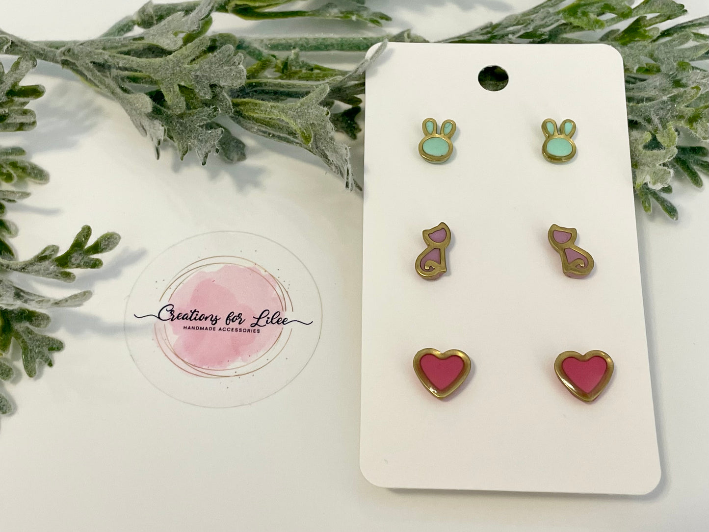 Clay Stud Earrings - Gold Trimmed Stud Packs - Bunnies, Cats & Hearts