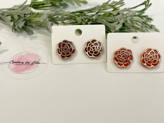 Clay Stud Earrings - Gold Trimmed Roses