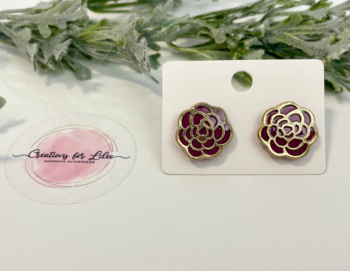 Clay Stud Earrings - Gold Trimmed Roses