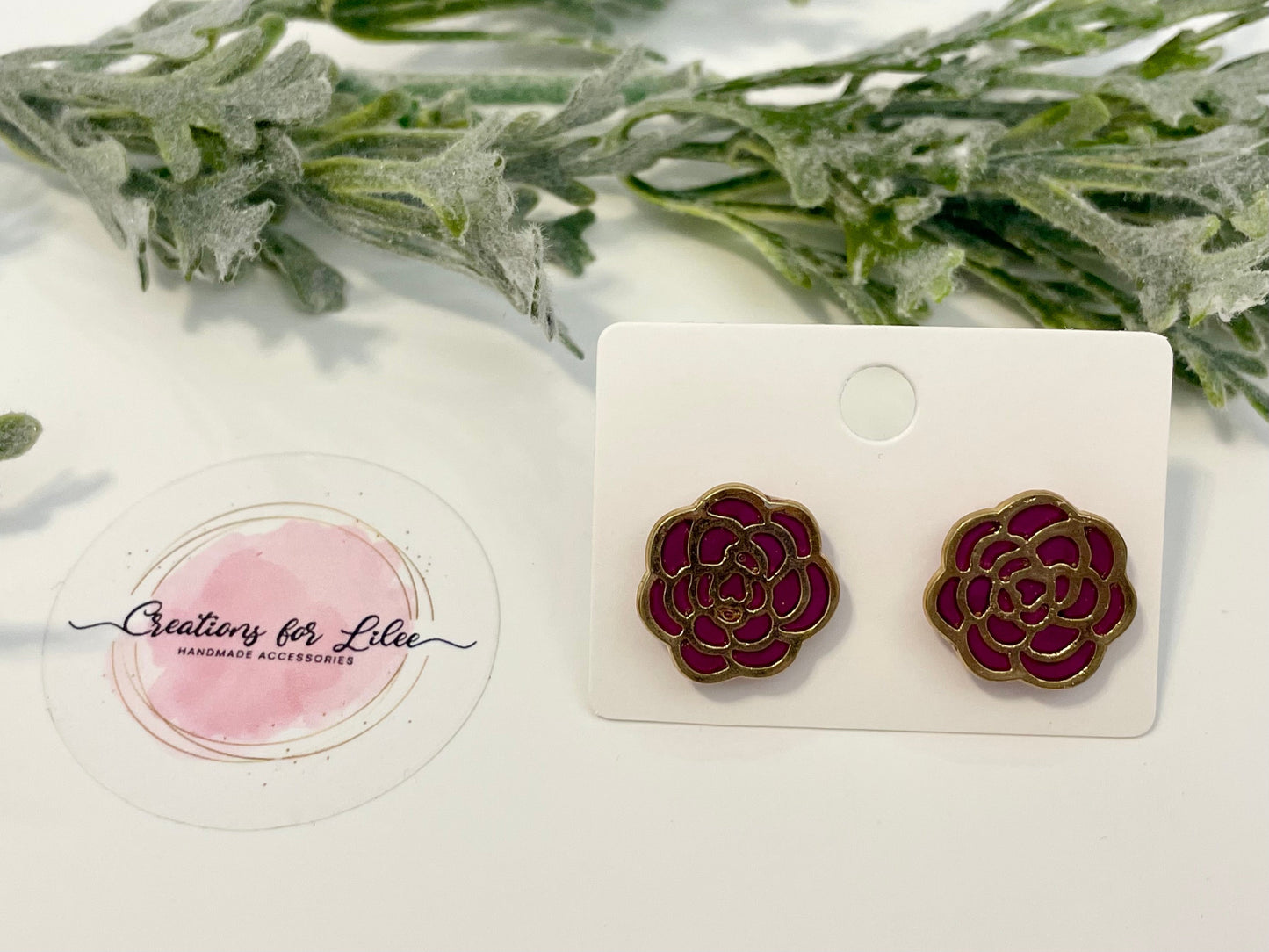 Clay Stud Earrings - Gold Trimmed Roses