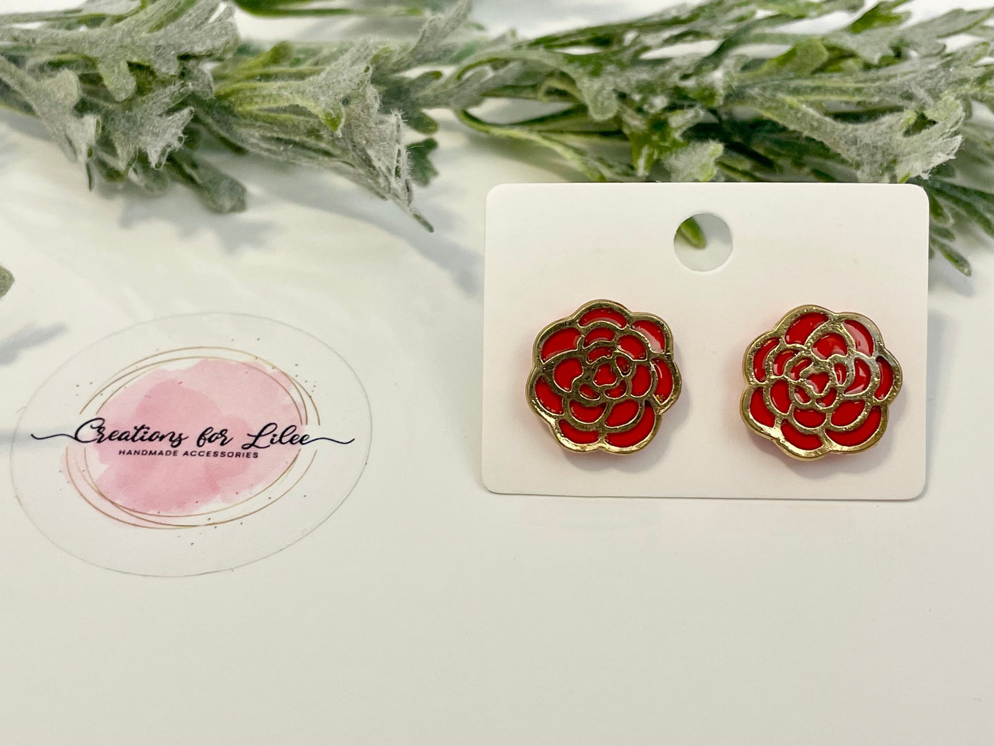 Clay Stud Earrings - Gold Trimmed Roses