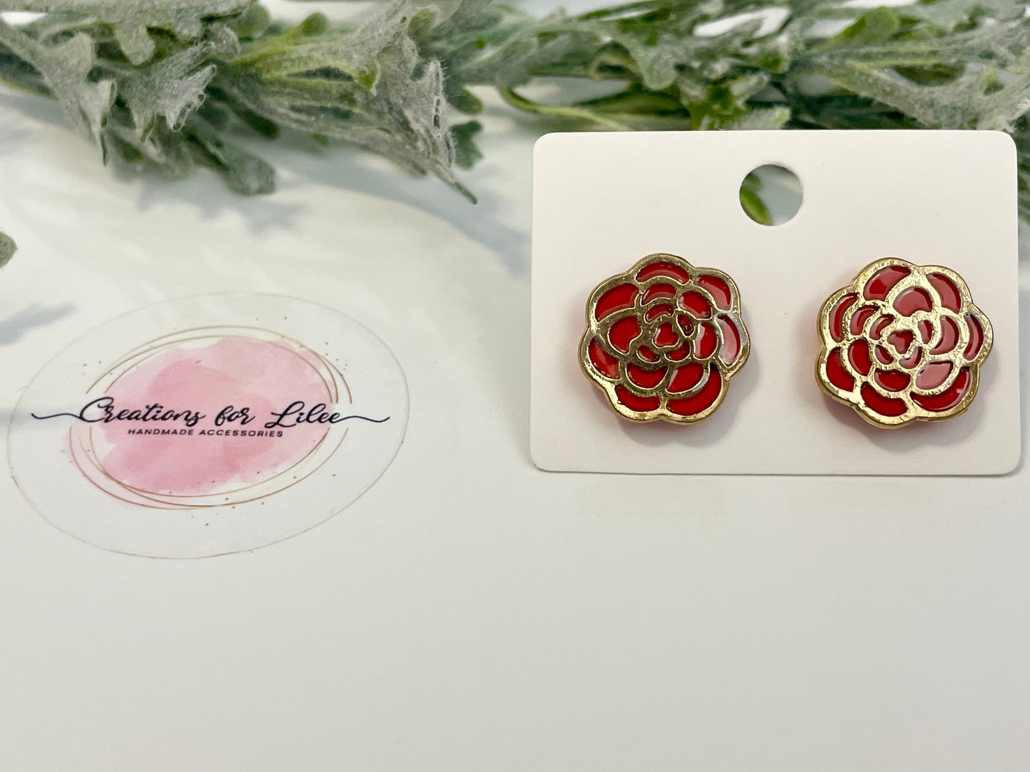 Clay Stud Earrings - Gold Trimmed Roses