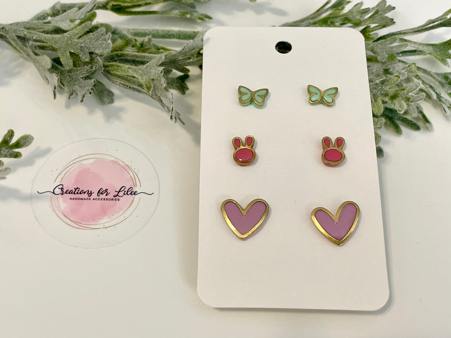 Clay Stud Earrings - Gold Trimmed Stud Packs - Butterflies, Bunnies & Hearts