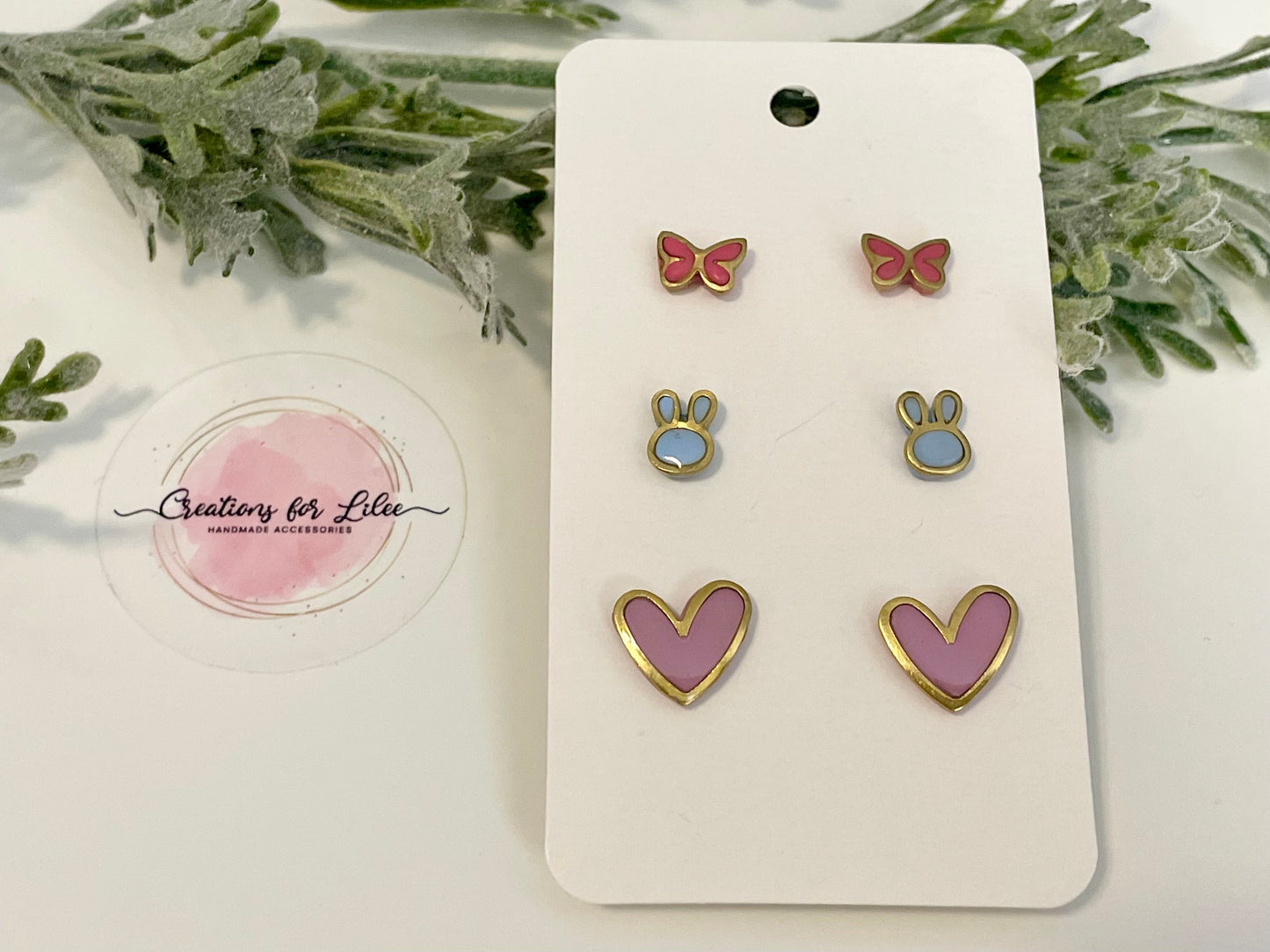 Clay Stud Earrings - Gold Trimmed Stud Packs - Butterflies, Bunnies & Hearts