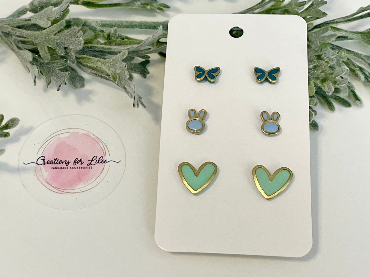 Clay Stud Earrings - Gold Trimmed Stud Packs - Butterflies, Bunnies & Hearts