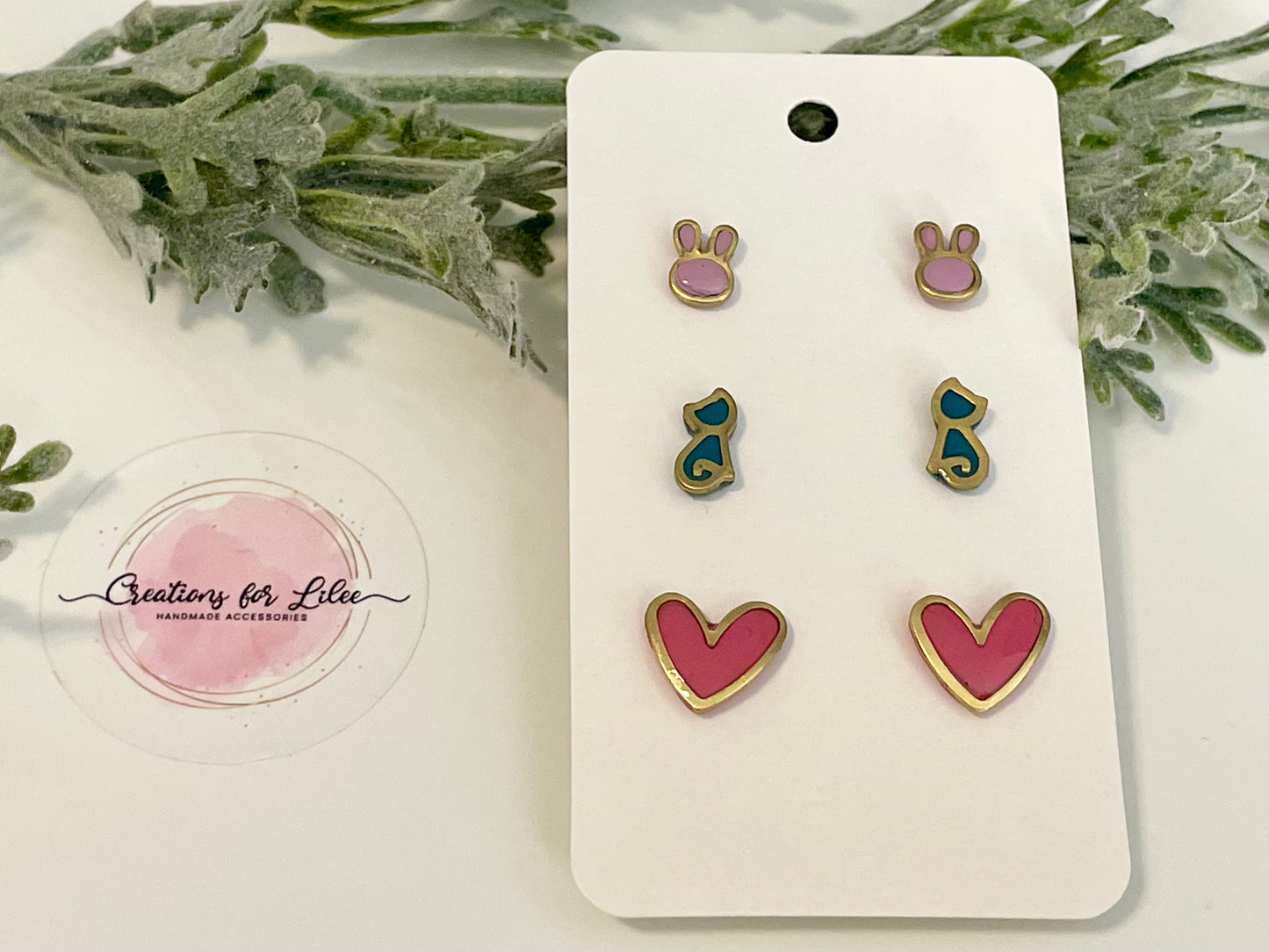 Clay Stud Earrings - Gold Trimmed Stud Packs - Bunnies, Cats & Hearts