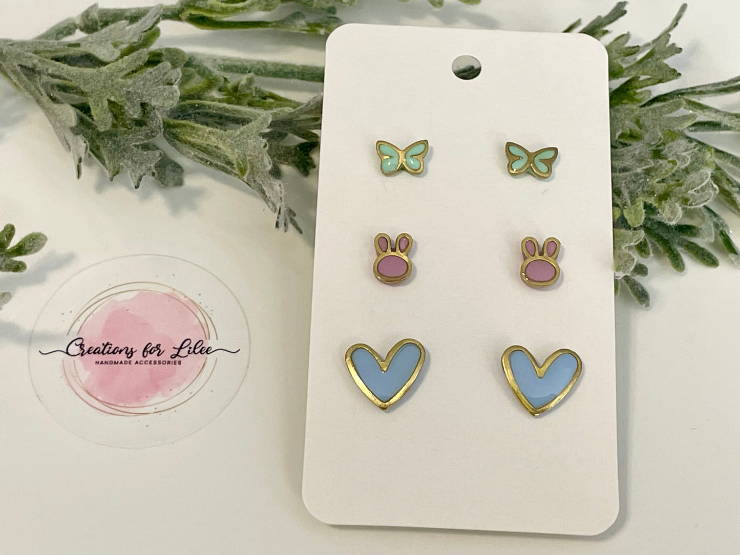 Clay Stud Earrings - Gold Trimmed Stud Packs - Butterflies, Bunnies & Hearts