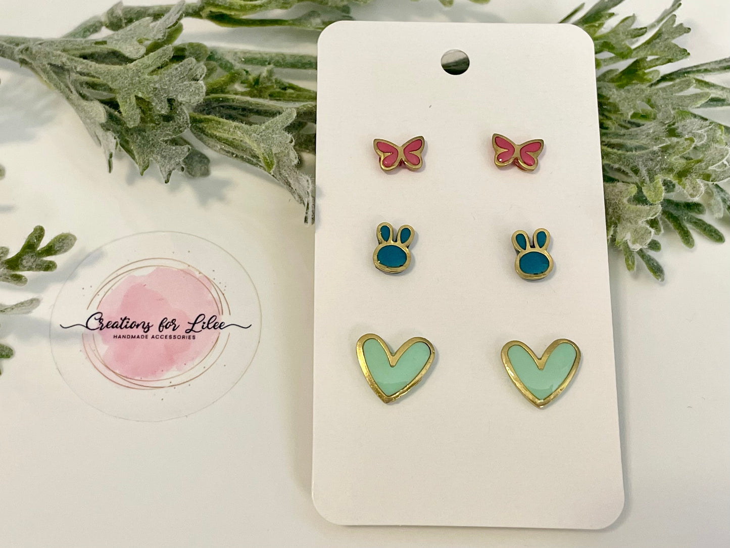 Clay Stud Earrings - Gold Trimmed Stud Packs - Butterflies, Bunnies & Hearts