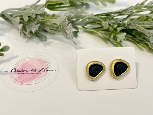 Clay Stud Earrings - Black & Gold