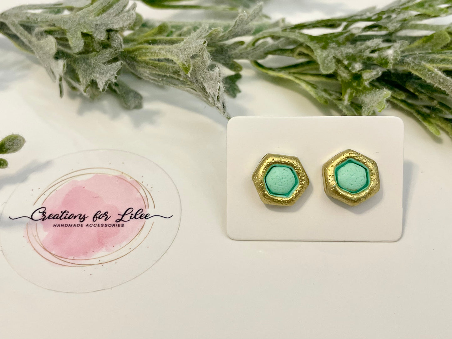 Clay Stud Earrings - Teal & Gold