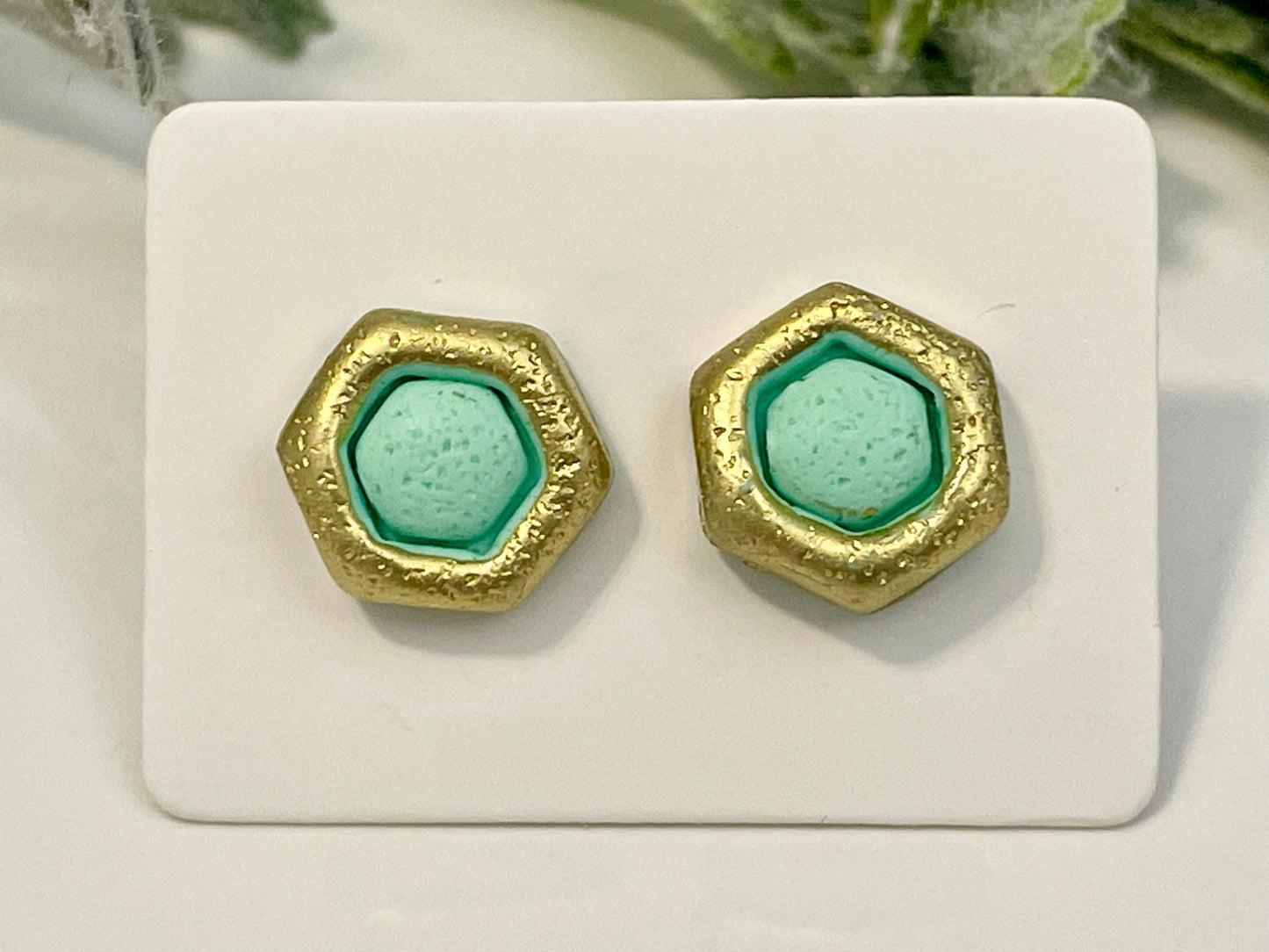 Clay Stud Earrings - Teal & Gold