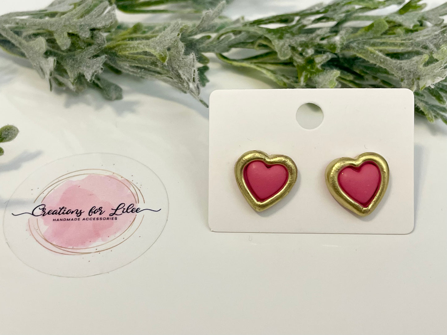 Clay Stud Earrings - Pink & Gold Hearts